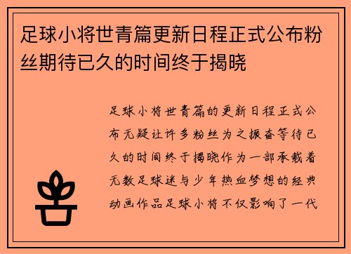足球小将世青篇更新日程正式公布粉丝期待已久的时间终于揭晓